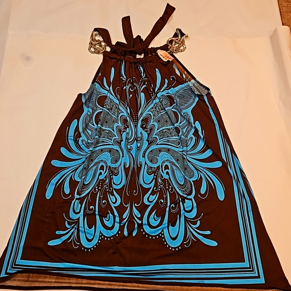 Unique flowy casual summer tank dress or beach cover brown, blue, silver, M